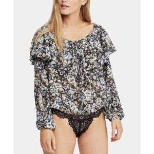 Free People Say it to Me Bodysuit Black Combo Floral Ruffle